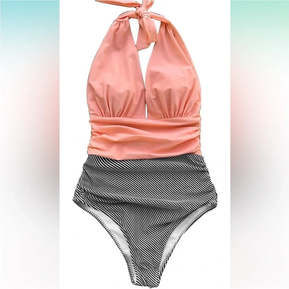 Blush and Stripe Halter Tummy Control One Piece Swimsuit NWT Size L